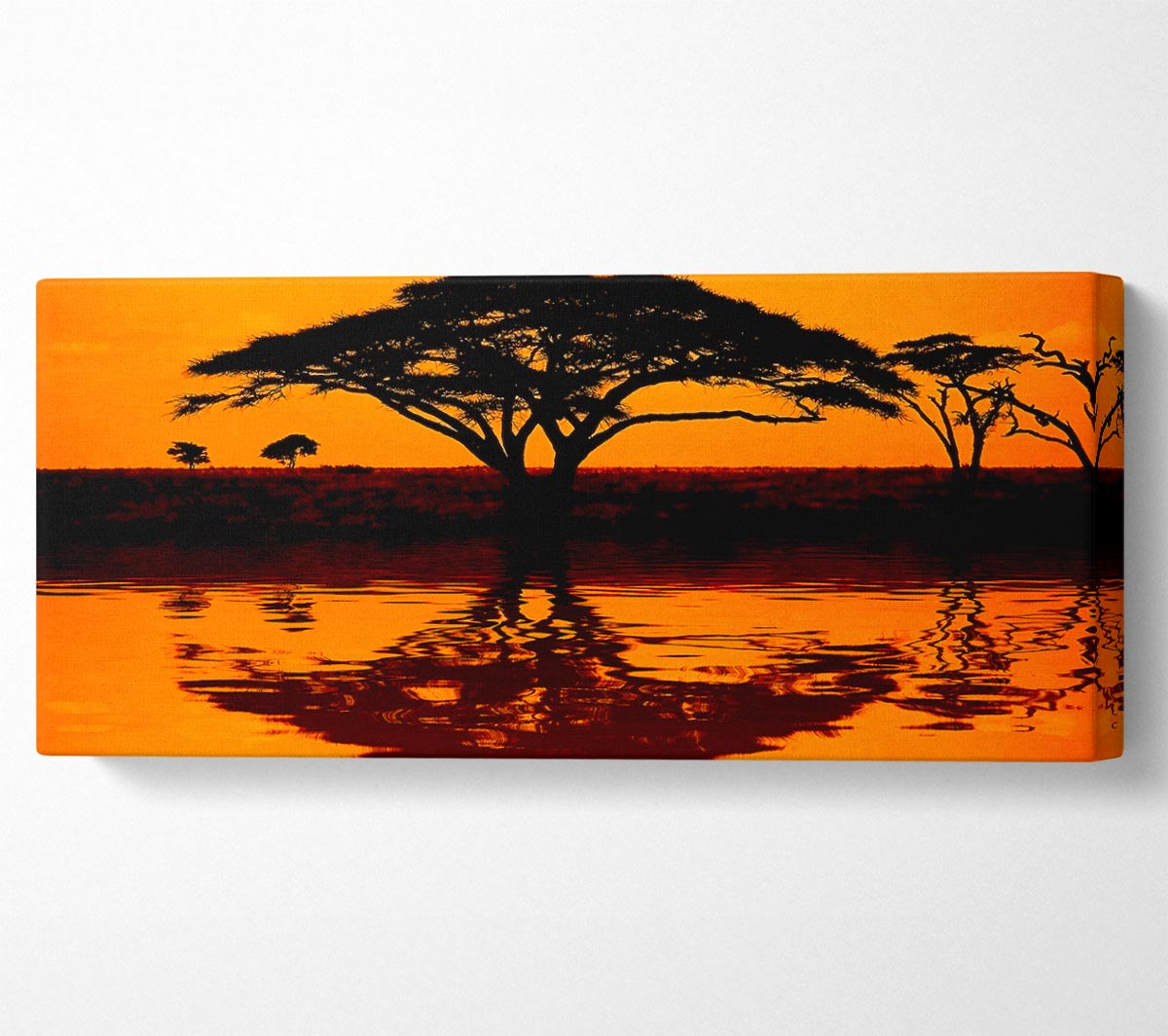 A vibrant canvas print of an African tree reflecting in water, mounted on a sturdy box frame, ready to hang.