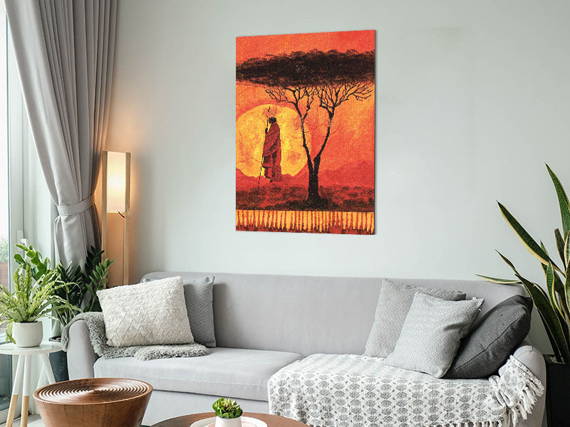 A vibrant piece of African Tribal Art 1 printed on brushed aluminium dibond, showcasing intricate tribal patterns and colors.