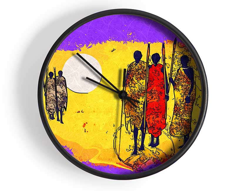 A beautifully crafted African Tribal Art clock made from natural bamboo, featuring a round face and available in black, white, and natural colors.