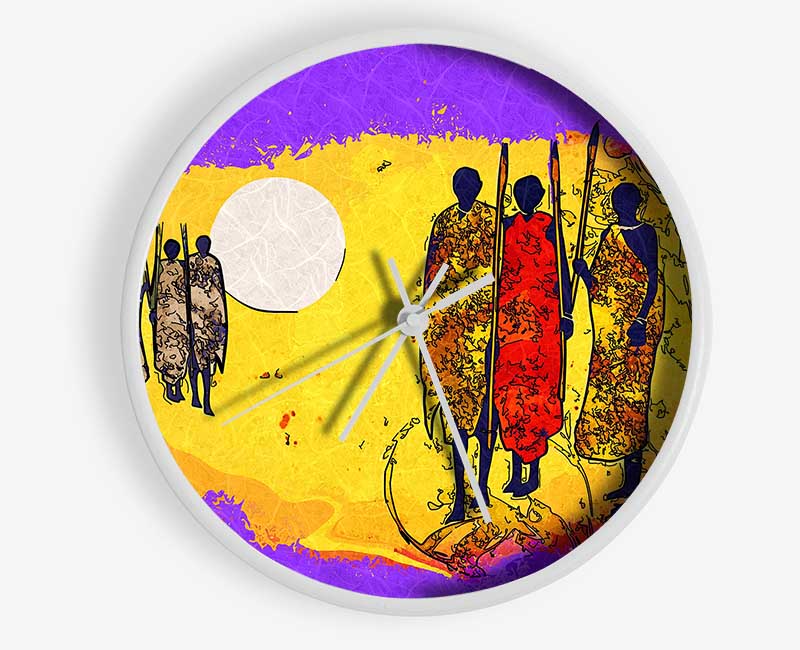 A beautifully crafted African Tribal Art clock made from natural bamboo, featuring a round face and available in black, white, and natural colors.