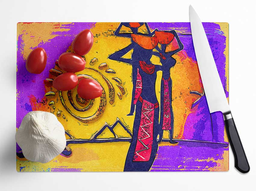 African Tribal Art 13 chopping board made from tempered glass with a chinchilla ripple effect and tribal design.