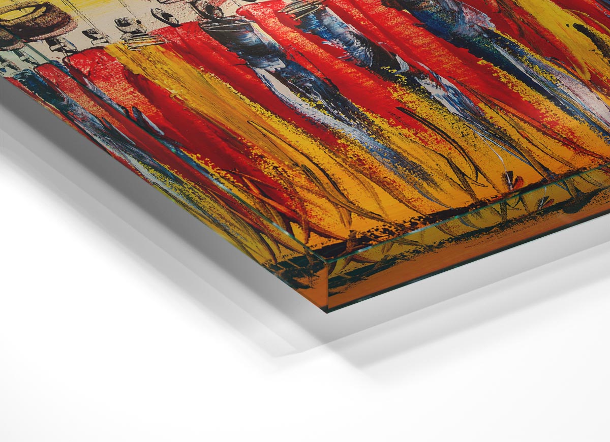 A vibrant African Tribal Art 15 glass print showcasing intricate tribal patterns and colors, perfect for modern home decor.