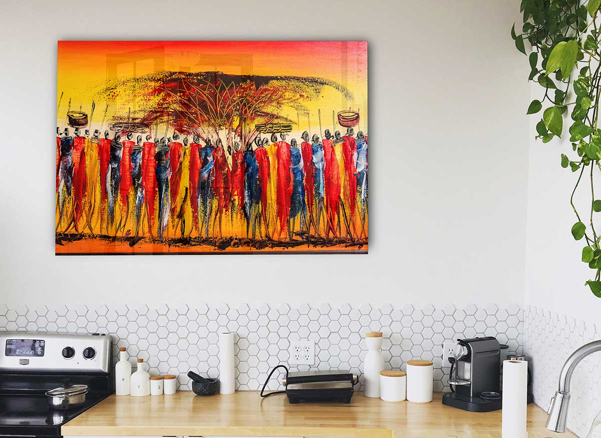A vibrant African Tribal Art 15 glass print showcasing intricate tribal patterns and colors, perfect for modern home decor.