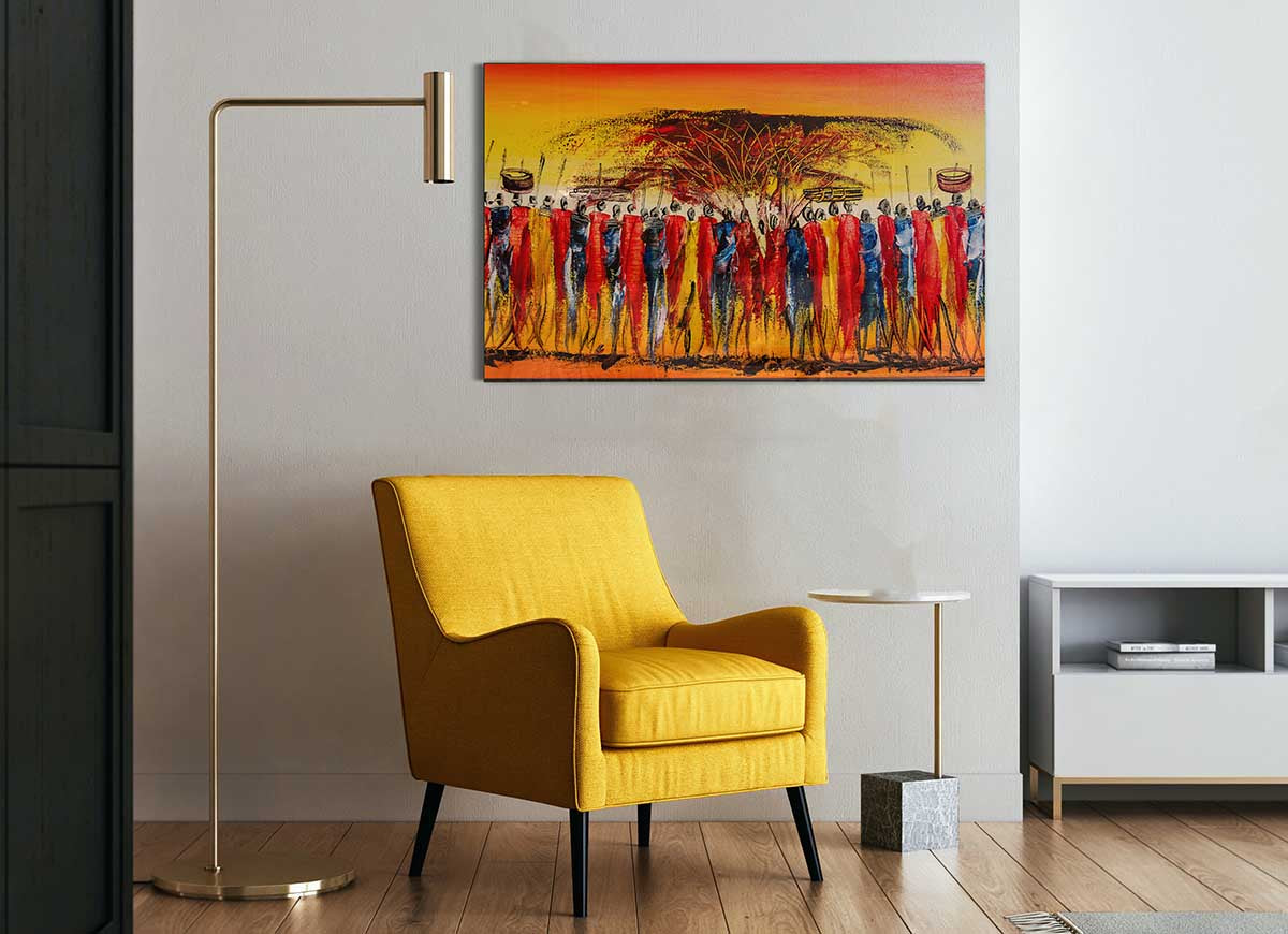 A vibrant African Tribal Art 15 glass print showcasing intricate tribal patterns and colors, perfect for modern home decor.