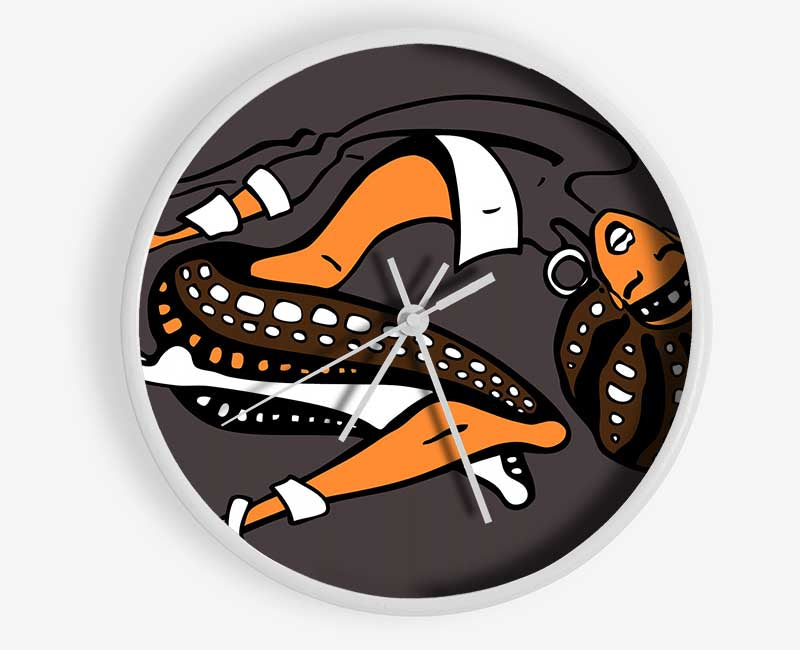 A stylish African Tribal Art clock made from natural bamboo, featuring a round face with a clear Plexiglas lens and customizable color options.