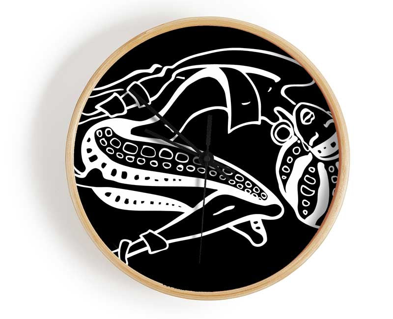 A stylish African Tribal Art clock made from natural bamboo, featuring a round face and available in black, white, or natural frame colors.