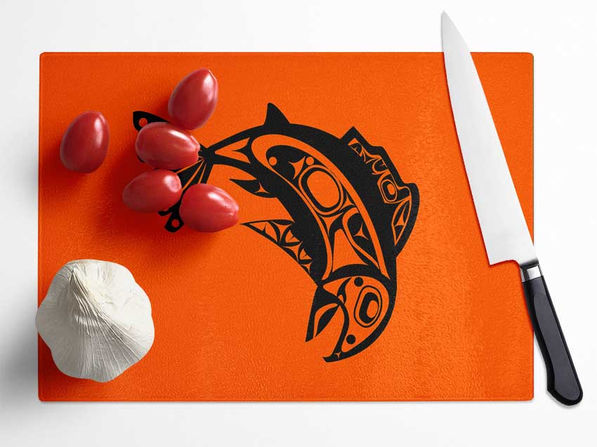 African Tribal Art 18 chopping board made from tempered glass with a chinchilla ripple effect and anti-slip feet.