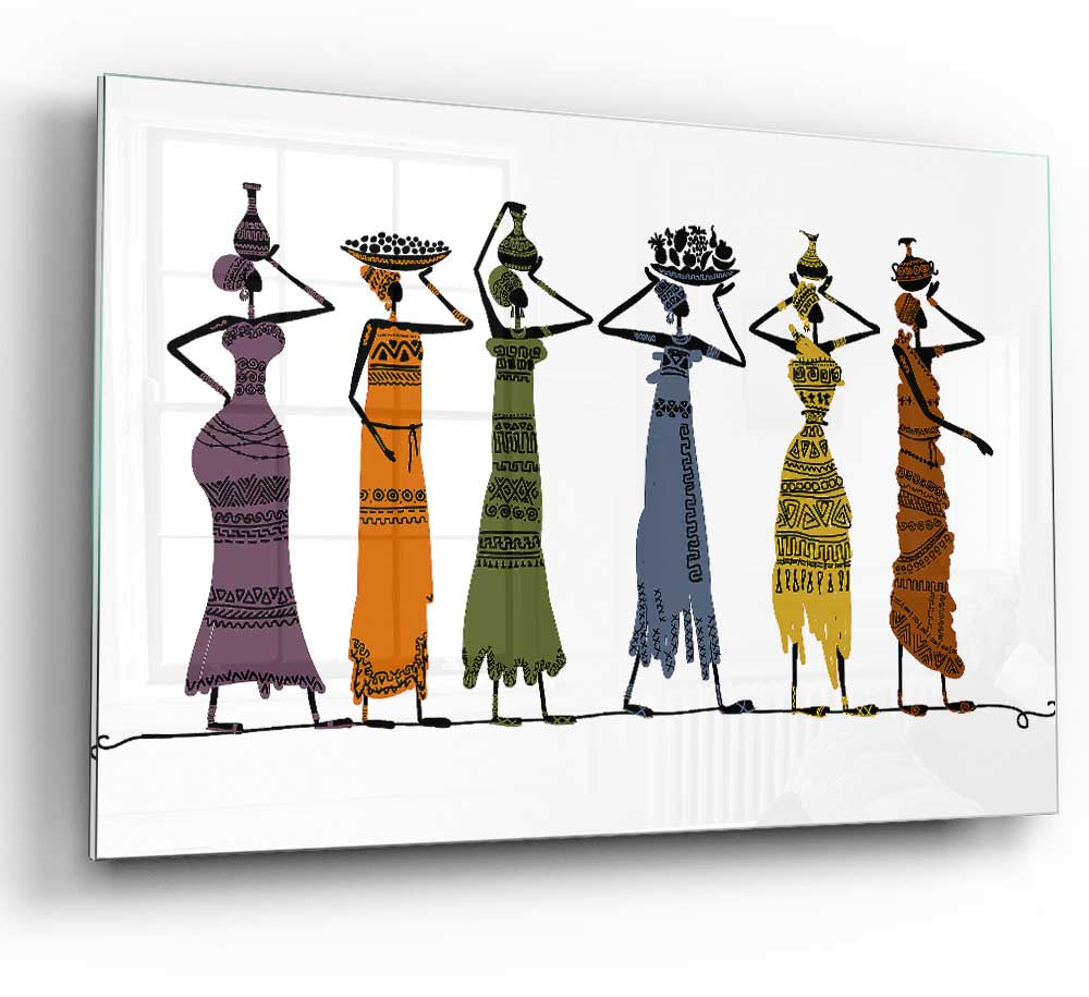 A vibrant glass print featuring African tribal art, showcasing intricate designs and colors.