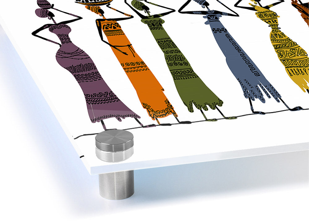 A vibrant acrylic print of African Tribal Art 23, showcasing intricate designs and colors on 5mm thick acrylic glass, ready to hang.