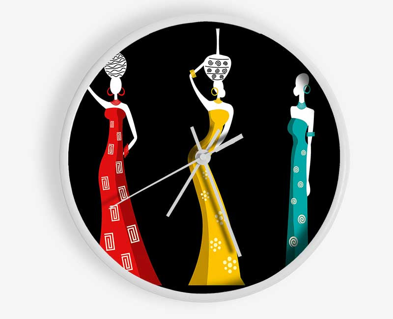 African Tribal Art clock made from natural bamboo with a round face and clear Plexiglas lens, available in black, white, and natural frame colors.