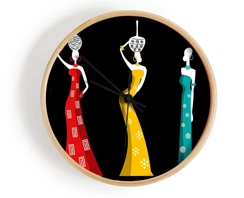 African Tribal Art clock made from natural bamboo with a round face and clear Plexiglas lens, available in black, white, and natural frame colors.