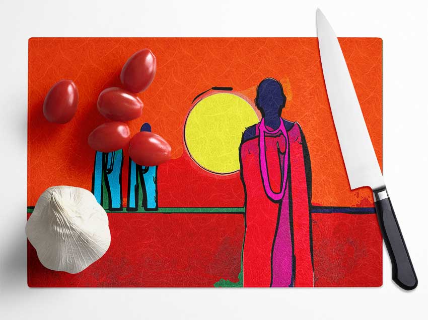 African Tribal Art 7 chopping board made from tempered glass, featuring a unique tribal design and anti-slip feet.