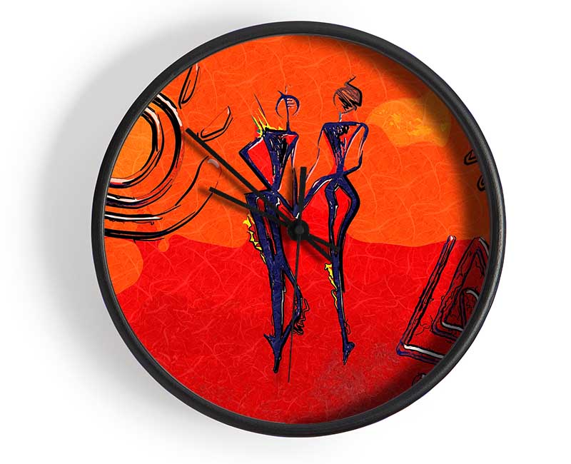 African Tribal Art clock made from natural bamboo with a round face and clear Plexiglas lens, available in black, white, and natural frame colors.