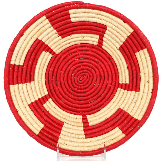 Handcrafted African wall and fruit basket from Rwanda, featuring vibrant colors and unique patterns, perfect for home decor.