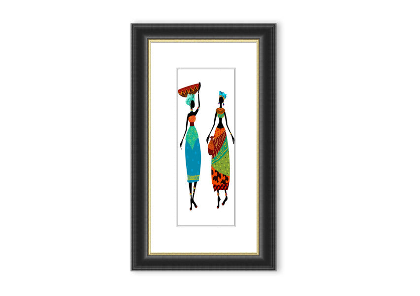 Framed print of African Women 1, showcasing vibrant colors and intricate details, available in various frame colors.