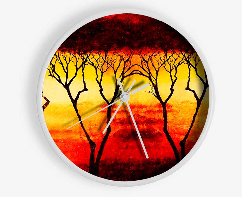 A beautifully designed clock featuring African women in vibrant red fields, crafted from natural bamboo with a clear Plexiglas lens.