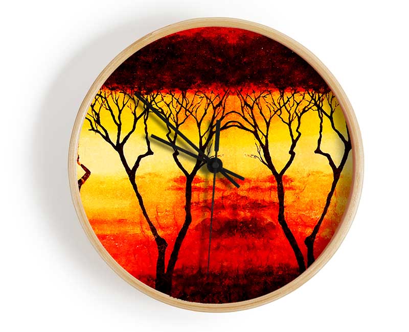 A beautifully designed clock featuring African women in vibrant red fields, crafted from natural bamboo with a clear Plexiglas lens.