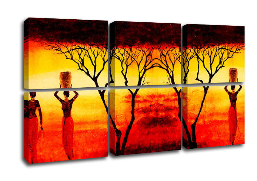 Canvas artwork depicting African women working in vibrant red fields, mounted on a sturdy box frame.