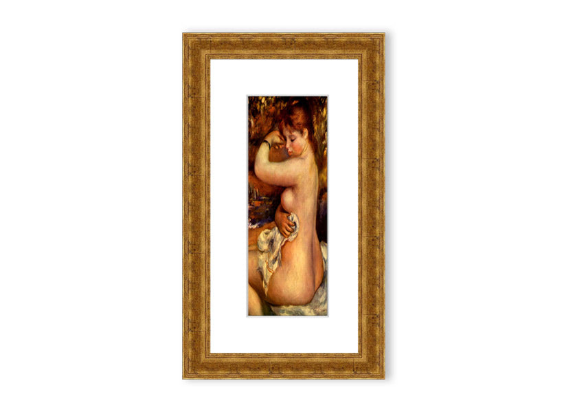 Framed print of Renoir's 'After The Bath', showcasing serene beauty and vibrant colors.