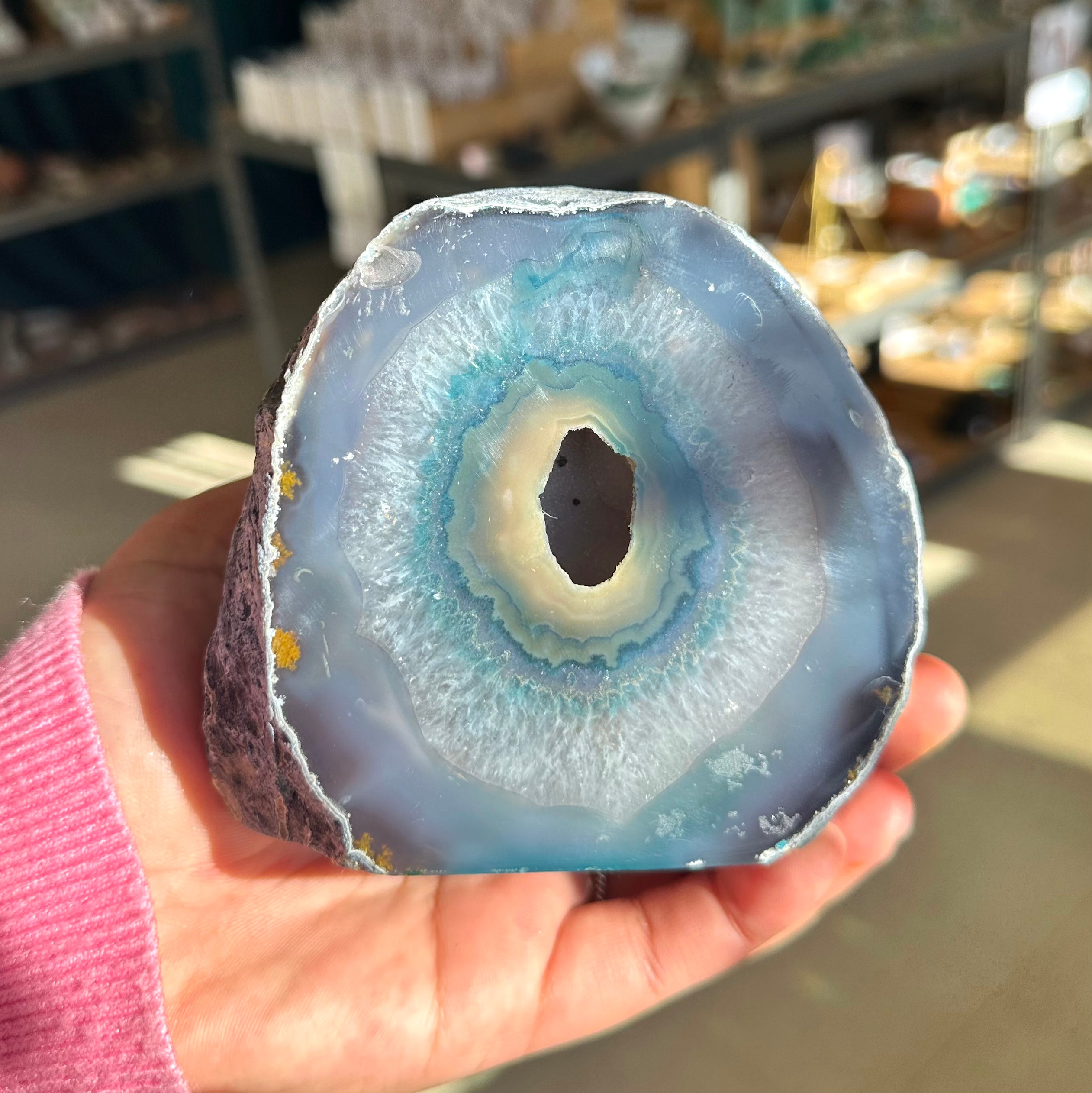 Agate Sliced Freeform with a sparkling druzy center, showcasing unique patterns and colors.