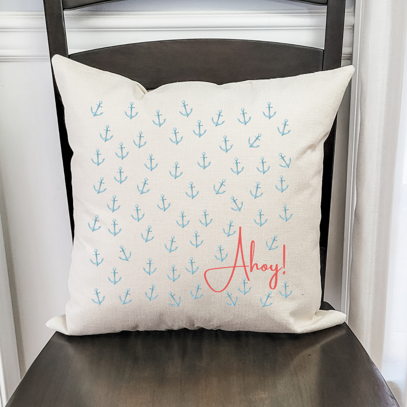 Ahoy! Pillow Cover featuring ocean-inspired designs on soft linen fabric, with a hidden zipper and light beige base color.