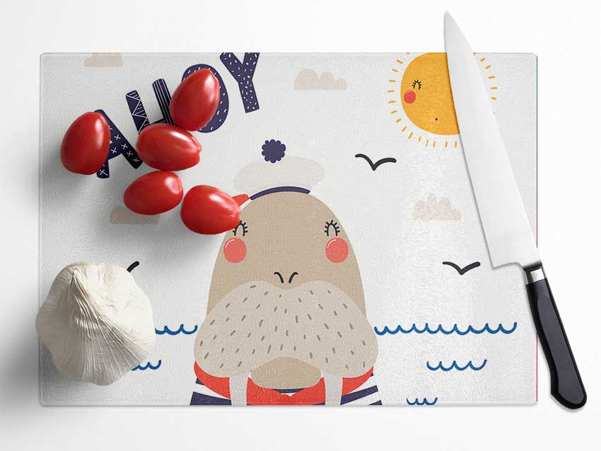 Ahoy Walrus chopping board made of tempered glass with chinchilla ripple effect and anti-slip feet.