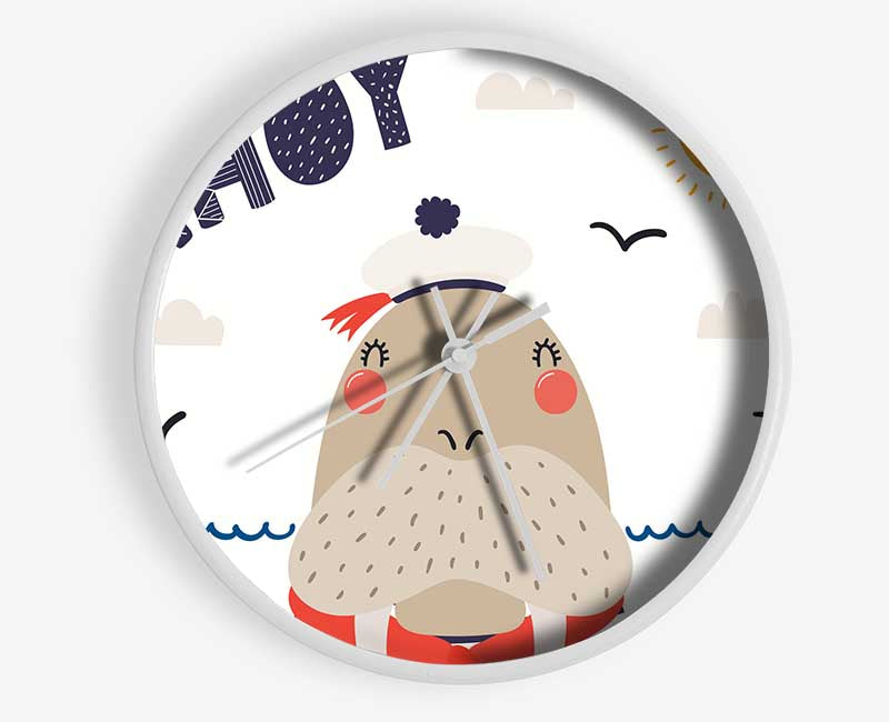 Ahoy Walrus clock made from natural bamboo with a round face, available in black, white, and natural frame colors.