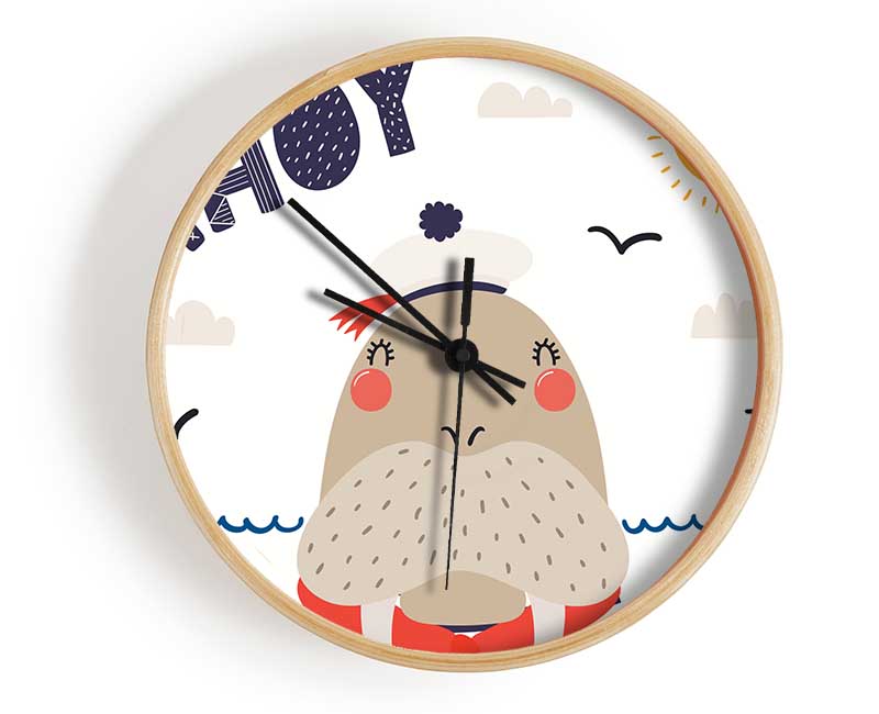Ahoy Walrus clock made from natural bamboo with a round face, available in black, white, and natural frame colors.