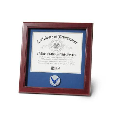 Aim High Air Force Medallion Certificate Frame with blue matting and gold trim, displaying an 8x10 document.