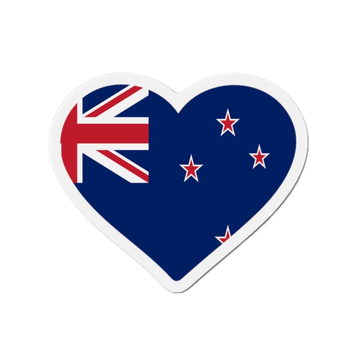 Aimant en forme de cœur représentant le drapeau de la Nouvelle-Zélande, fabriqué en résine synthétique avec un puissant aimant au dos.