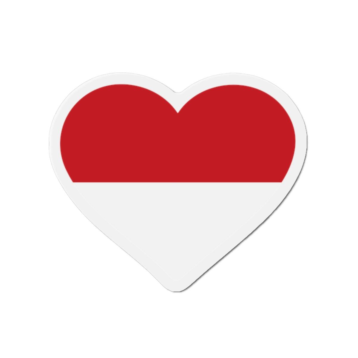 Aimant en forme de cœur représentant le drapeau de Monaco, fabriqué en résine synthétique, disponible en plusieurs tailles.