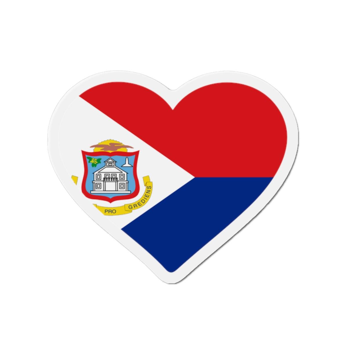 Aimant en forme de cœur représentant le drapeau de Saint-Martin, fabriqué en résine synthétique avec un puissant aimant magnétique.