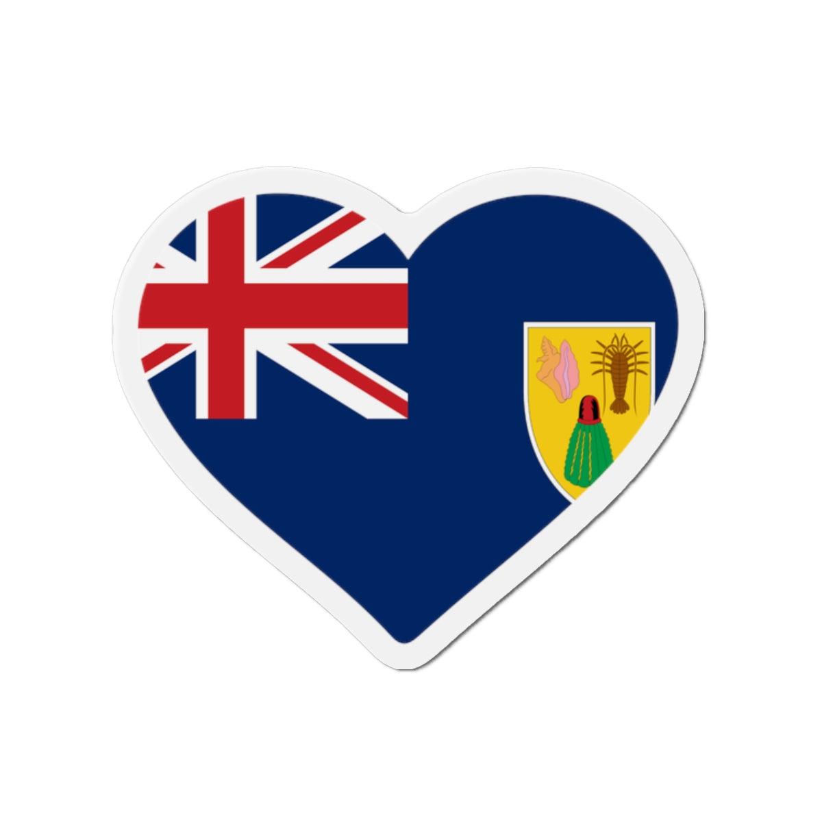 Aimant en forme de cœur représentant le drapeau des Îles Turques-et-Caïques, fabriqué en résine synthétique avec un puissant aimant.