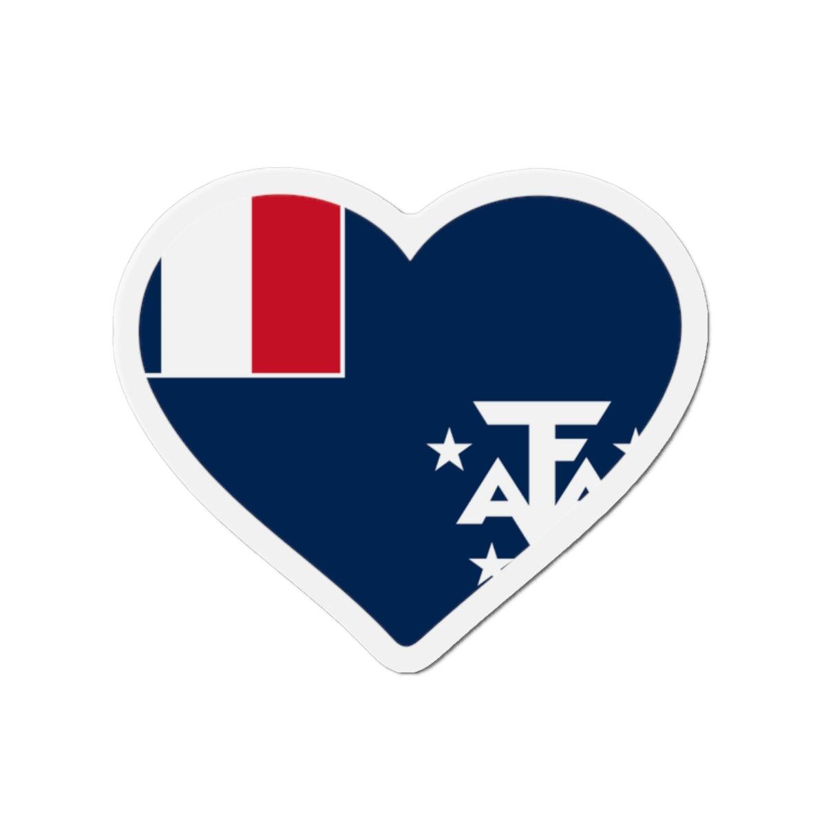 Aimant en forme de cœur représentant le drapeau des Terres Australes et Antarctiques Françaises, fabriqué en résine synthétique avec un puissant aimant.