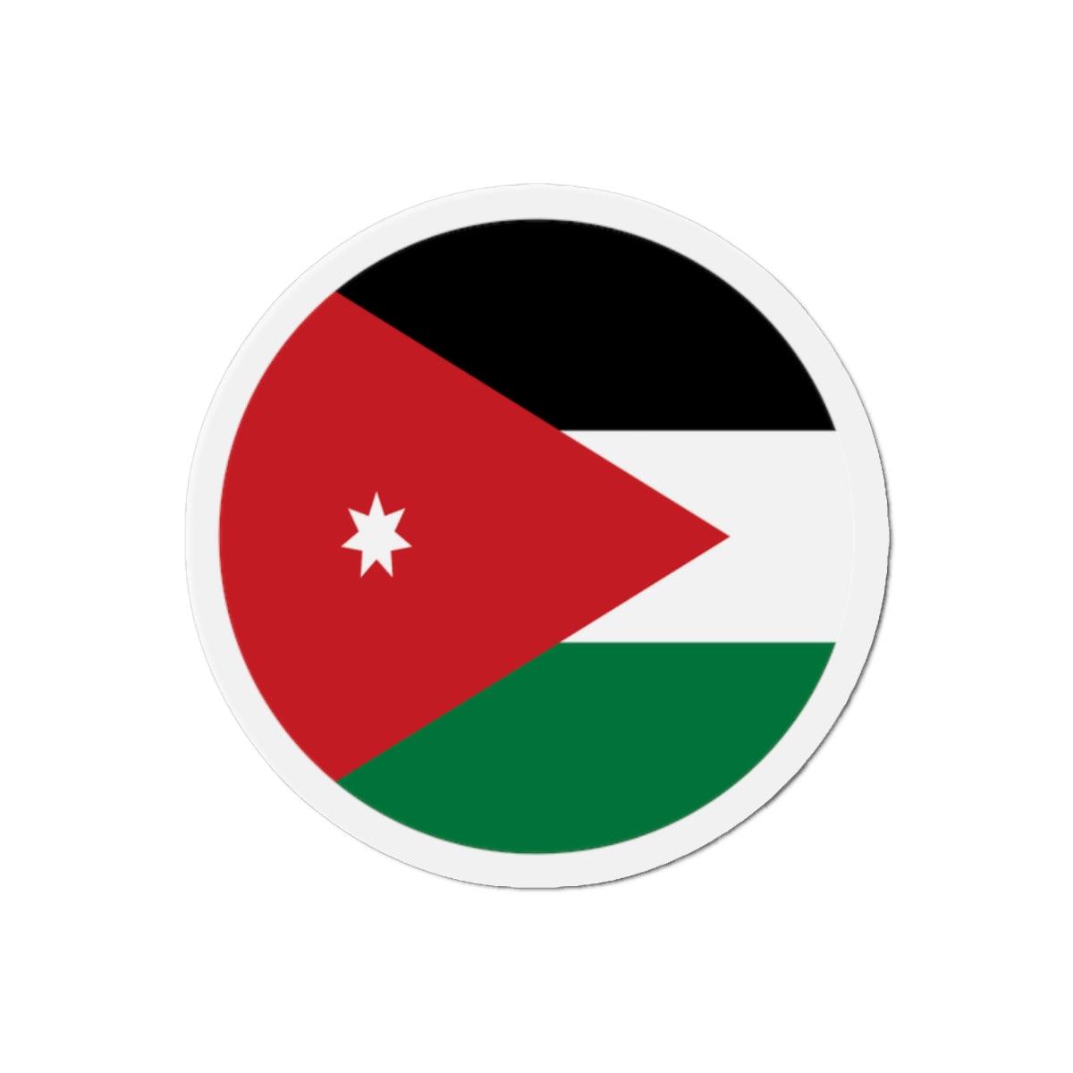 Aimant rond représentant le drapeau de la Jordanie, disponible en plusieurs tailles, fabriqué en résine synthétique.