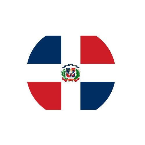 Aimant rond représentant le drapeau de la République dominicaine, disponible en plusieurs tailles, fabriqué en résine synthétique.