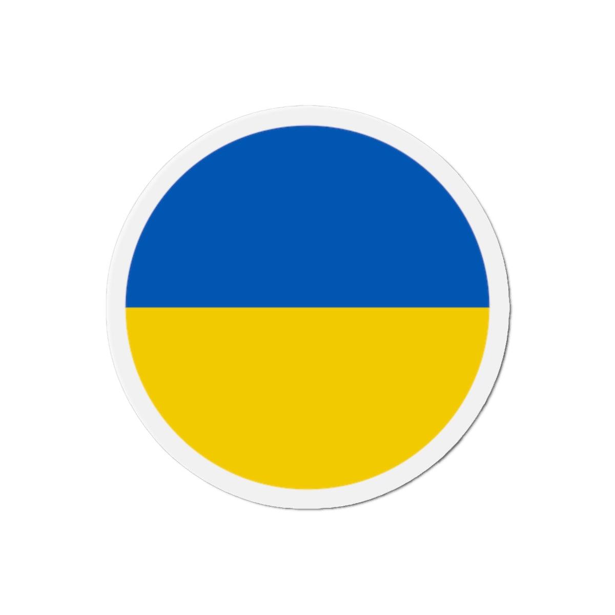 Aimant rond représentant le drapeau de l'Ukraine, disponible en plusieurs tailles, fabriqué en résine synthétique durable.