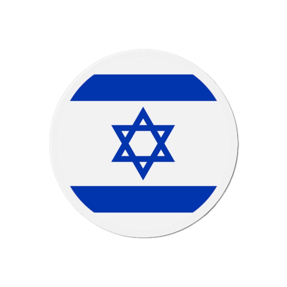 Aimant rond représentant le drapeau d'Israël, disponible en plusieurs tailles, fabriqué en résine synthétique durable.