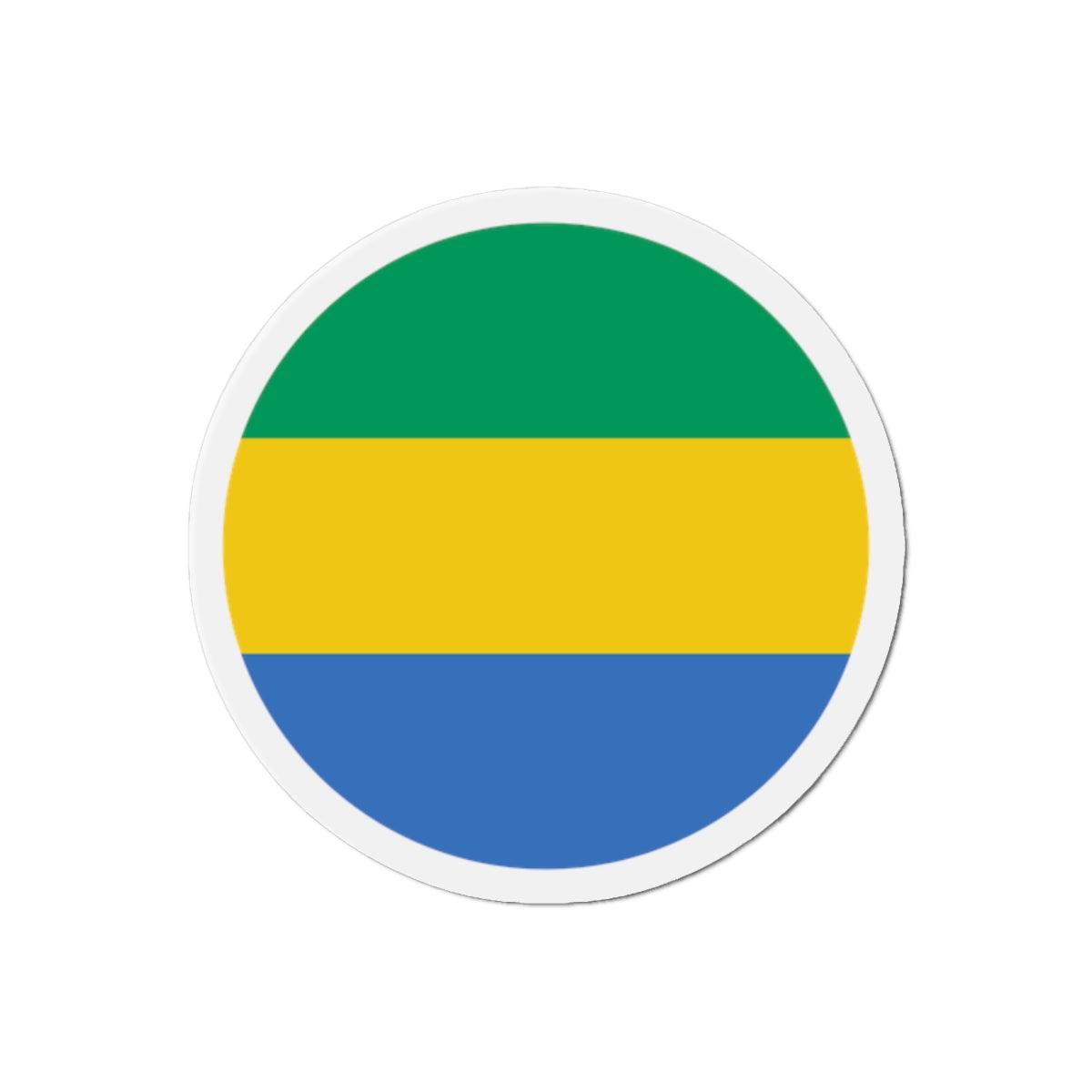 Aimant rond représentant le drapeau du Gabon, disponible en plusieurs tailles, fabriqué en résine synthétique avec un puissant aimant magnétique.