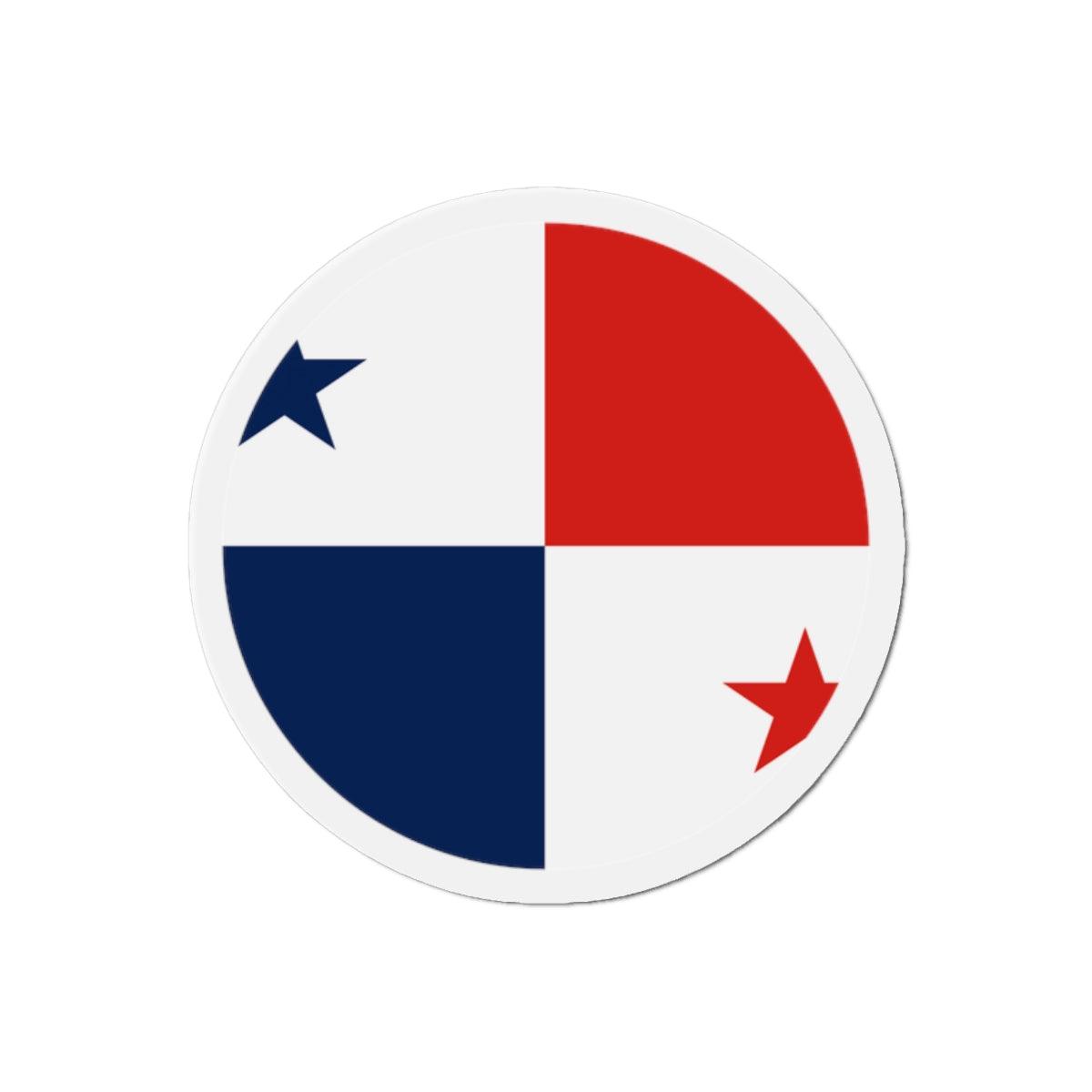Aimant rond représentant le drapeau du Panama, disponible en plusieurs tailles, fabriqué en résine synthétique durable.