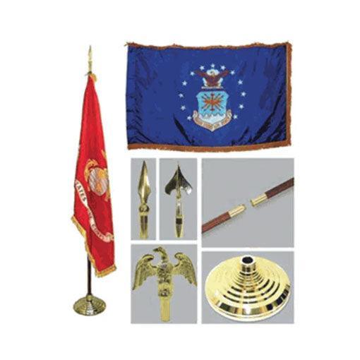 Air Force 4ft x 6ft flag displayed with a telescoping flagpole, gold fringe, and tassel, showcasing its vibrant colors and elegant design.
