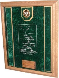 A deluxe Air Force Awards Display Case made of solid oak or walnut, featuring a luxurious crushed velvet interior and space for medals and personal engravings.