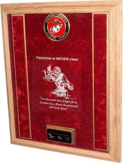 A deluxe Air Force Awards Display Case made of solid oak or walnut, featuring a luxurious crushed velvet interior and space for medals and personal engravings.