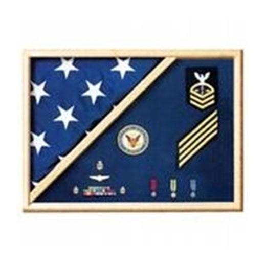 Air Force Blue Wood Flag Display Case showcasing a 3 ft. x 5 ft. flag with medals and insignia, crafted from solid wood with a high-gloss finish.