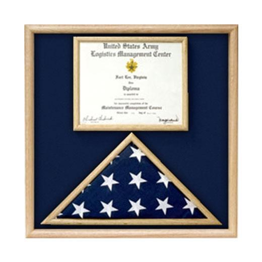 Solid oak Air Force flag and certificate display case showcasing a folded flag and memorabilia with authentic service fabrics.