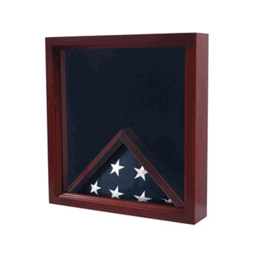 Elegant mahogany Air Force flag and medal display case showcasing medals and a folded flag.