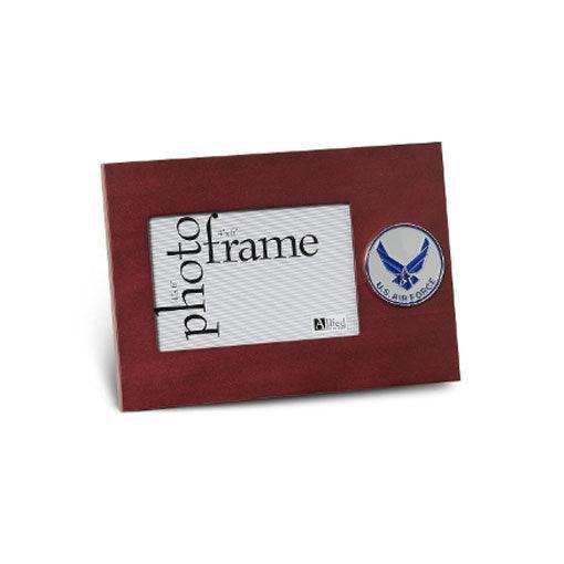 Aim High Air Force Medallion 4-Inch by 6-Inch Desktop Frame showcasing a photo of a service member, featuring a mahogany finish.