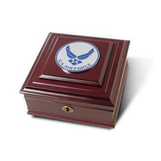 U.S. Air Force Medallion Desktop Box made of mahogany wood with brass lock and key, featuring a large medallion on the top.