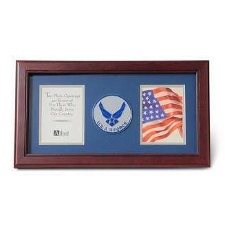 Air Force Medallion Double Picture Frame displaying two 4x6 photos with blue matting and grey trim.