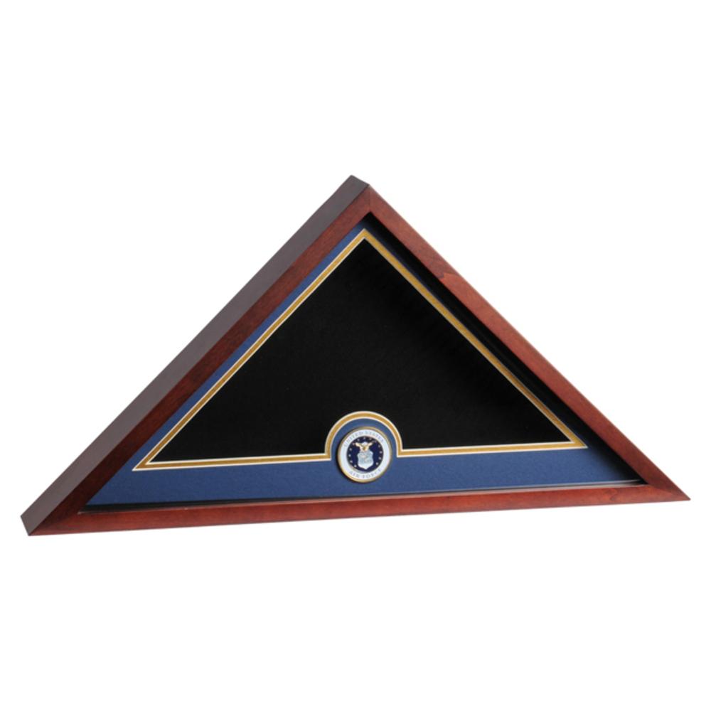 Air Force Medallion Flag Display Case made of rich mahogany with a detailed die-cast medallion, designed to hold a 5'x9'6" flag.